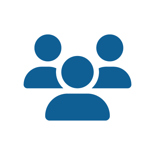 Blue minimalist icon showing three stylised human figures in a group, set against a circular white background.