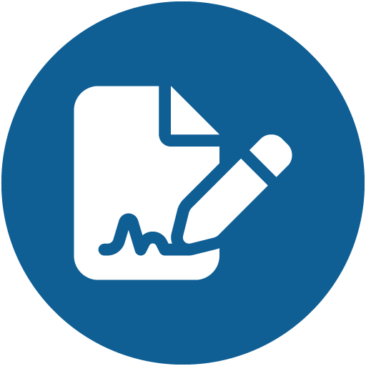 Blue circular icon featuring a white graphic of a document being signed with a pen.