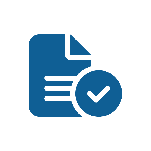 Blue icon of a document with horizontal lines and a circular tick mark, indicating completion or verification.