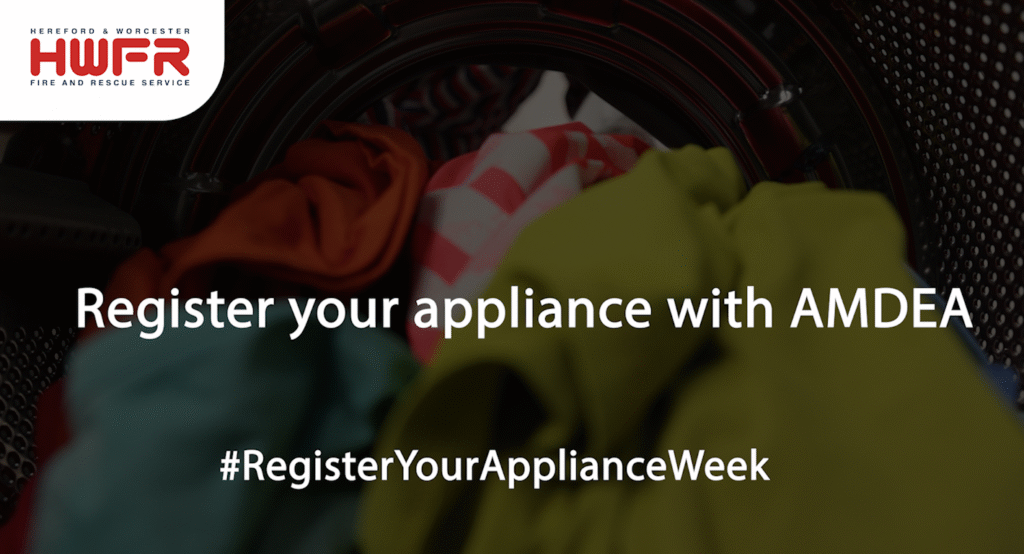 Washing machine full of clothes with the words register your appliance with AMDEA.