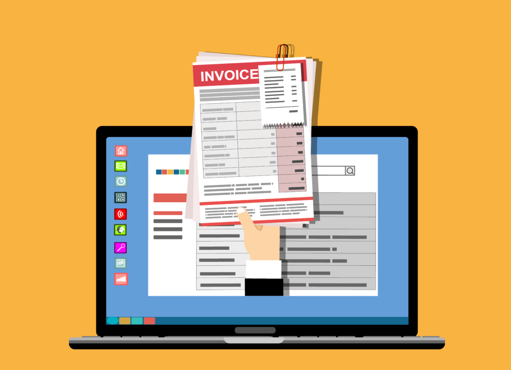 Illustration of a paper invoice being held by a hand coming out of a laptop