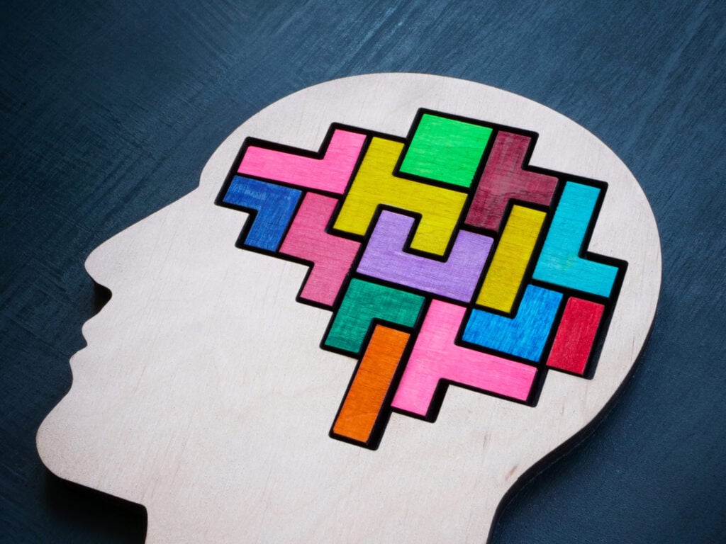 Photo of a side profile head with Tetris blocks instead of a brain