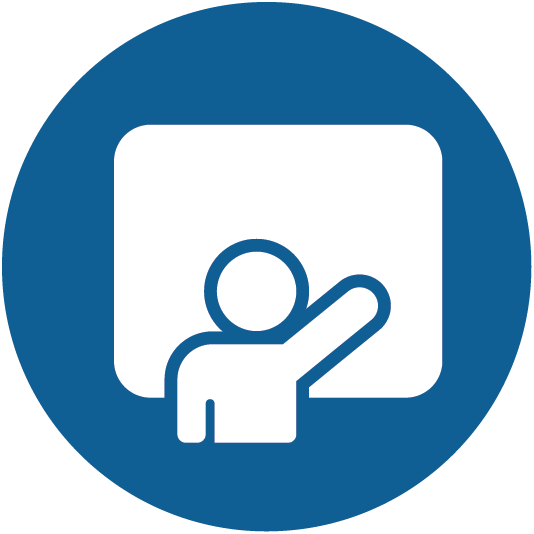 Blue icon with white presentation graphic