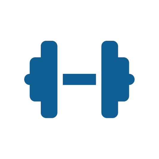 White icon with a blue graphic of a barbell