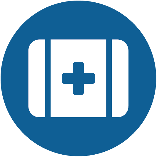Blue icon with white outline of a first aid kit