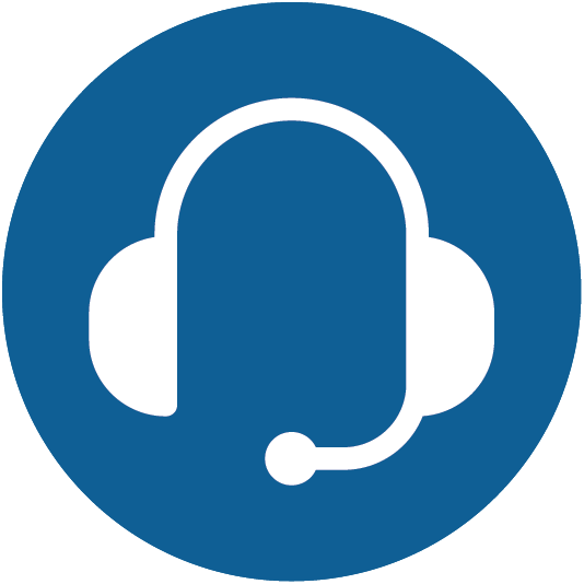 Blue circle with a white headset outline graphic