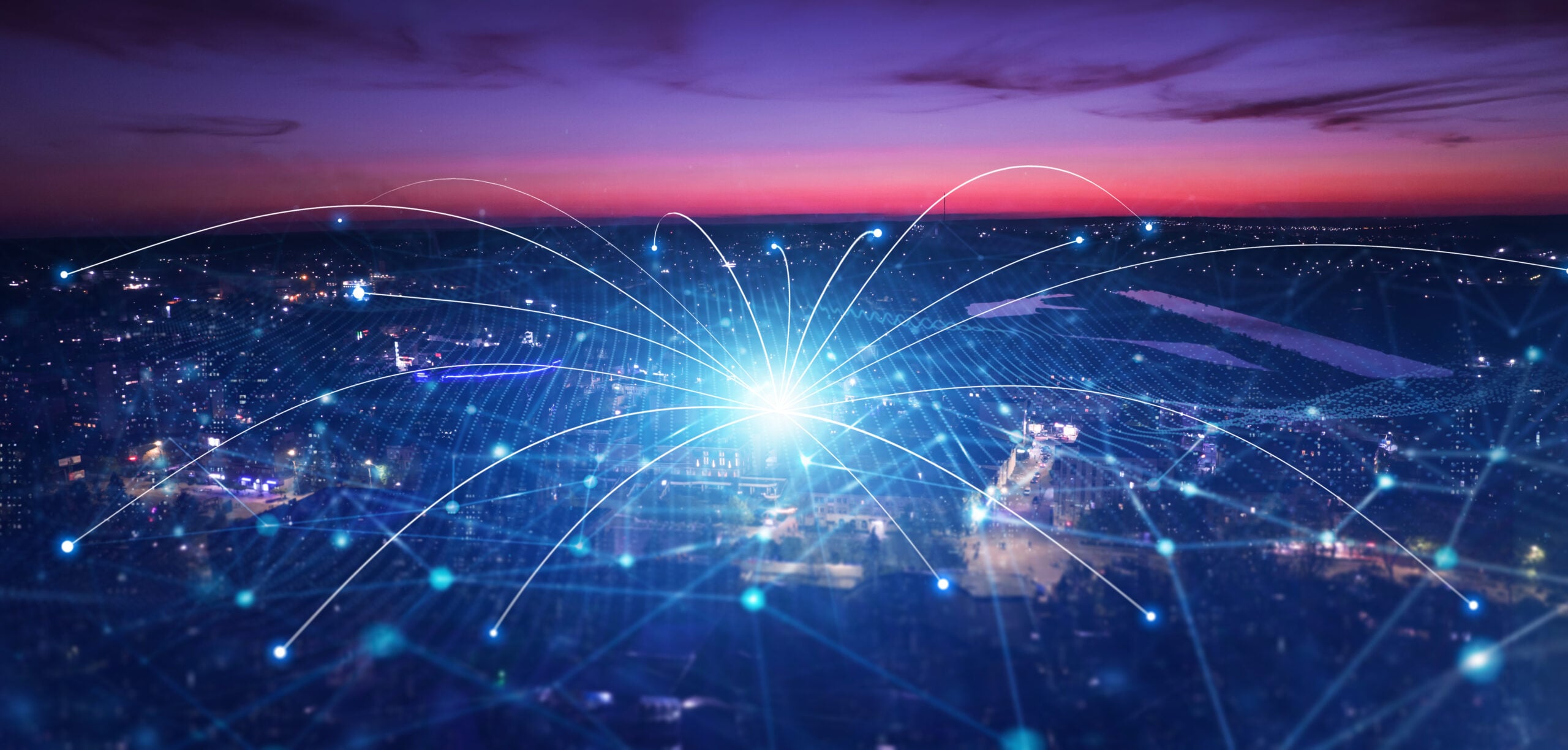 A sunset horizon showing network with blue lines