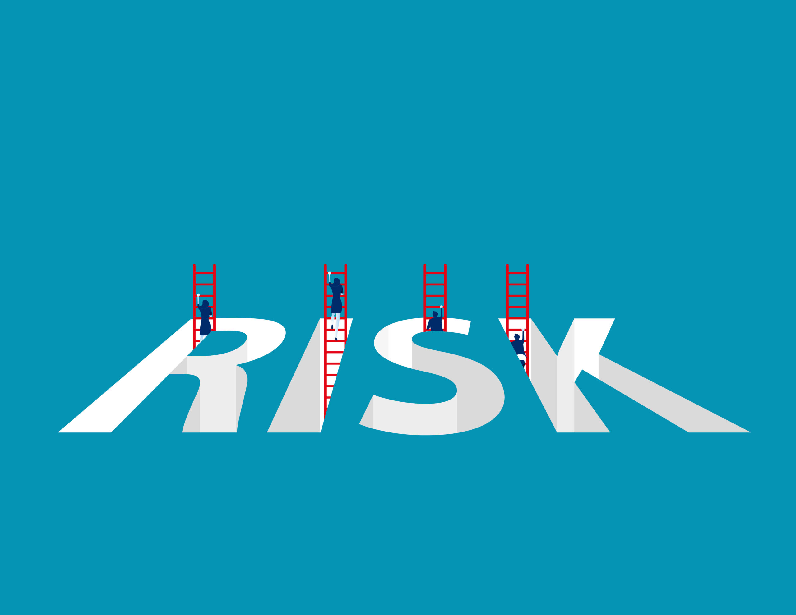 The word risk is spelt out as if it is on the floor. From each of the four letters there is a person climbing a ladder.